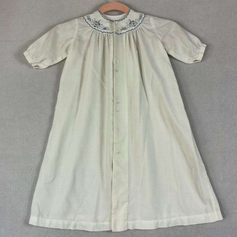 Vintage Nightgown Girls S Ivory Cotton w Blue Floral Embroidered Collar